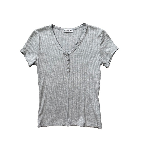 popular 21 Tops - Gray Rib Knit Henley Tee Women's Medium Preppy Classic Y2K Minimalist